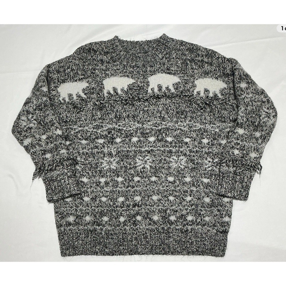 Loft Knit Sweater Womens XL Black White Polar Bear Fringe Pullover Winter